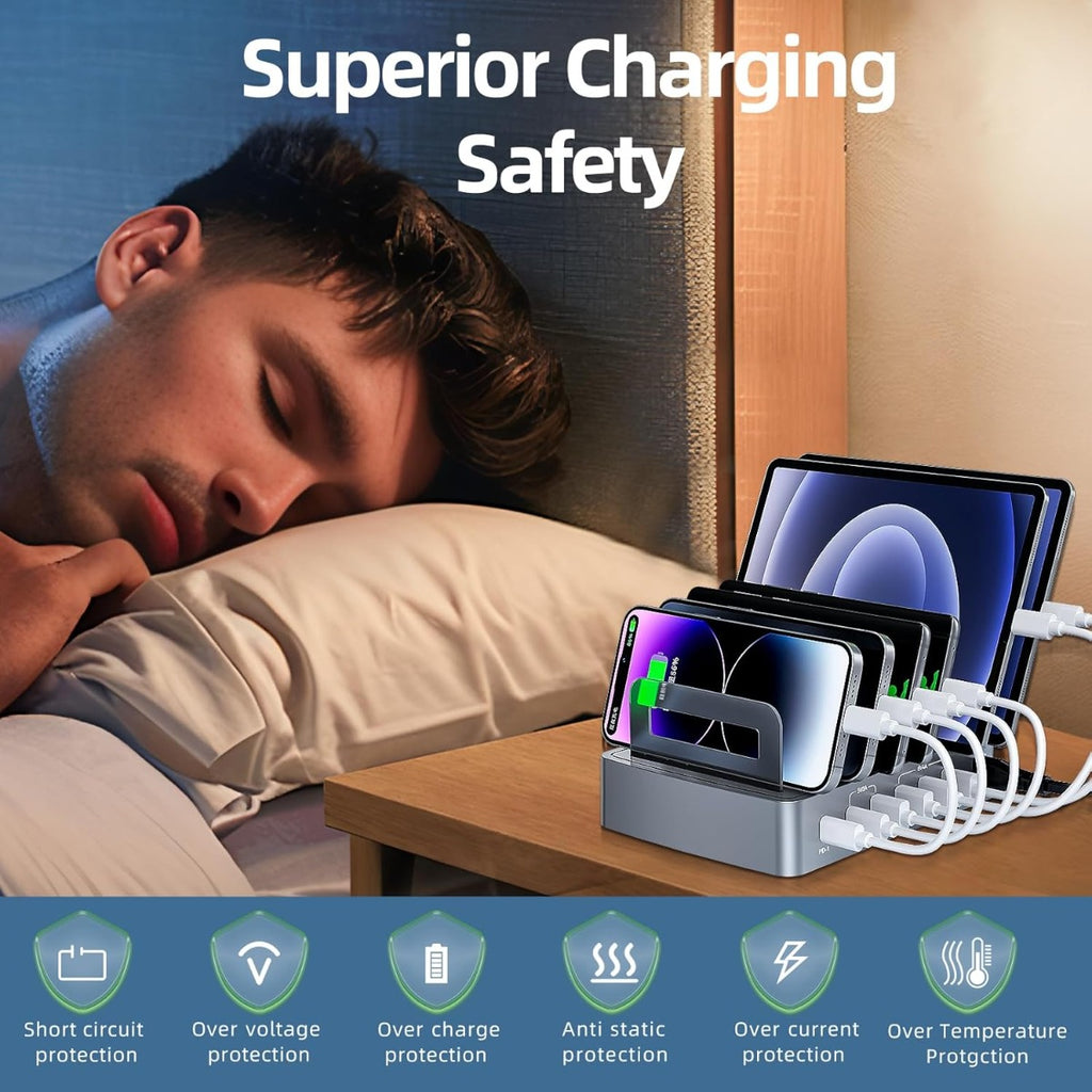 Stazione di ricarica multipla 6 in 1 con 4 porte USB-A e 2 porte USB-C, potenza massima 45W