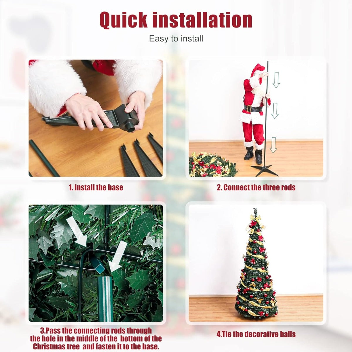Albero di Natale Pop-Up Preilluminato 150 cm con Luci LED Bianche Calde e Decorazioni Rosso Oro