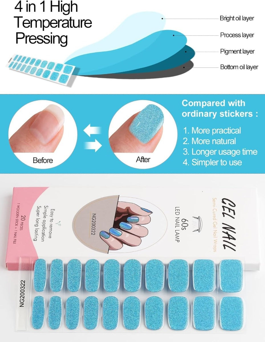 Kit Adesivi per Unghie in Gel Semipolimerizzato - 20 Strisce Autoadesive con Accessori per Manicure azzurro glitterato