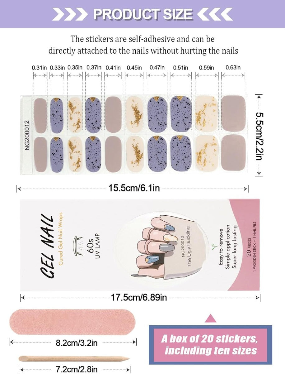 20 Strisce di Adesivi per Smalto in Gel Semipolimerizzato - Autoadesivi per Nail Art con Lima per Unghie e Bastoncino di Legno