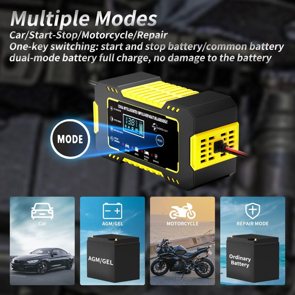 Caricabatterie Auto 12V 6A con Display LCD e Funzione di Riparazione a Impulsi