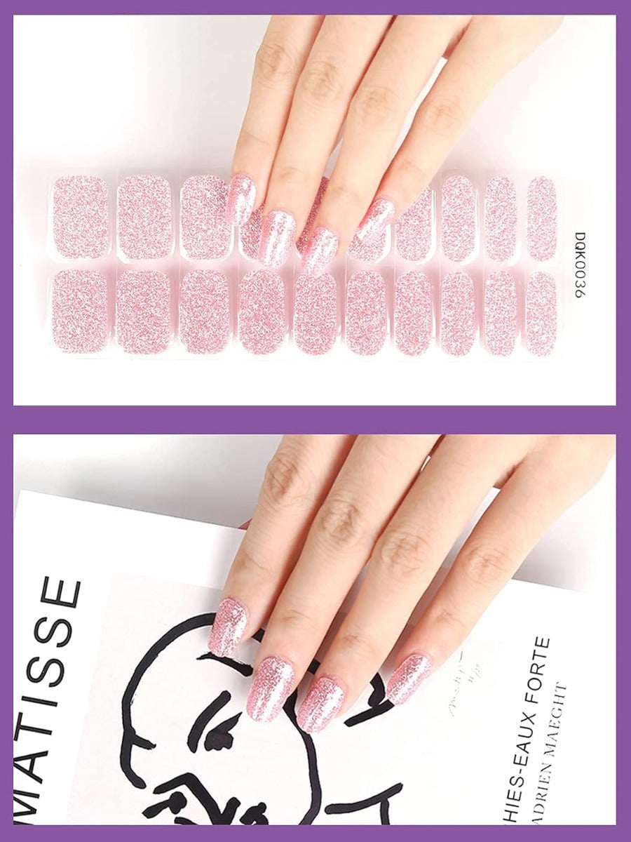 Kit Adesivi per Unghie in Gel Semipolimerizzato - 20 Strisce Autoadesive con Accessori per Manicure Glitter rosa