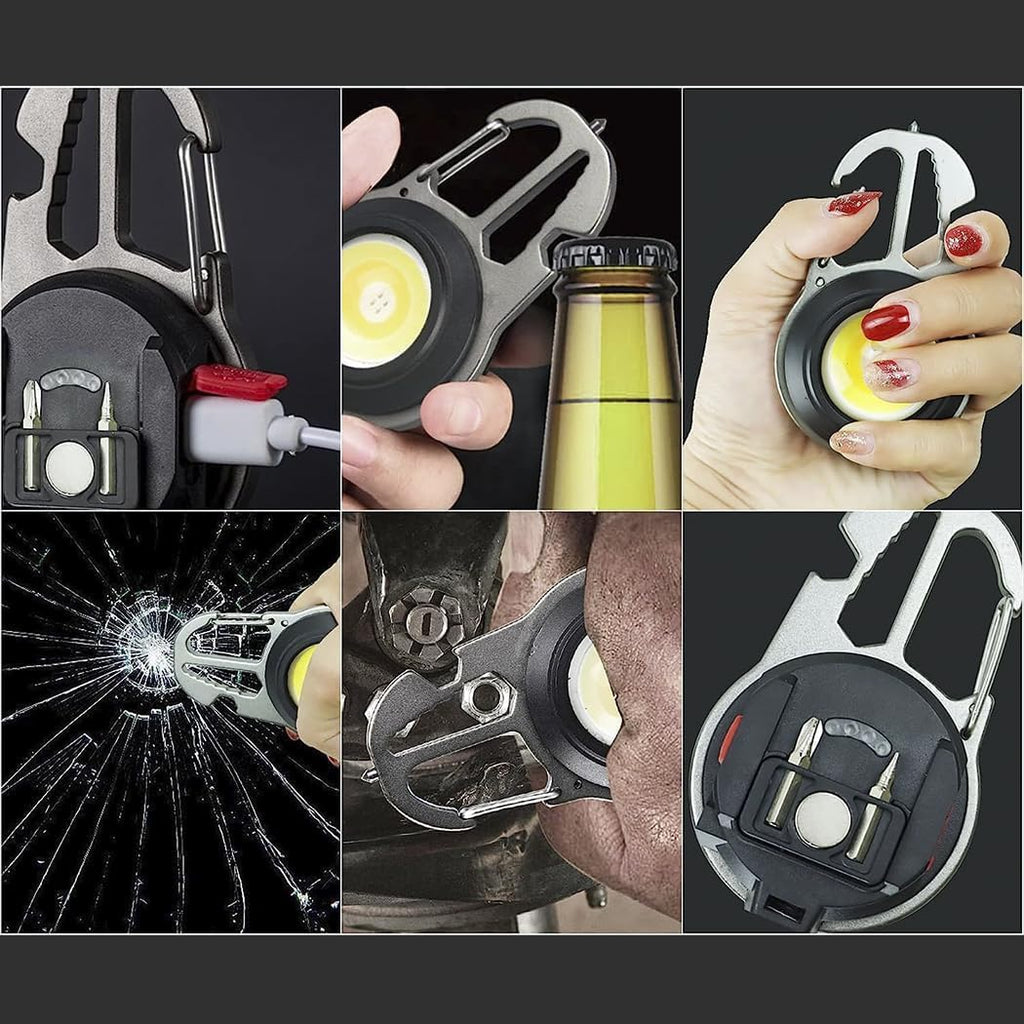 Torcia Multifunzione Ricaricabile da Campeggio e Pesca con Apribottiglie, Treppiede e Rompivetro, 6 Modalità di Luce