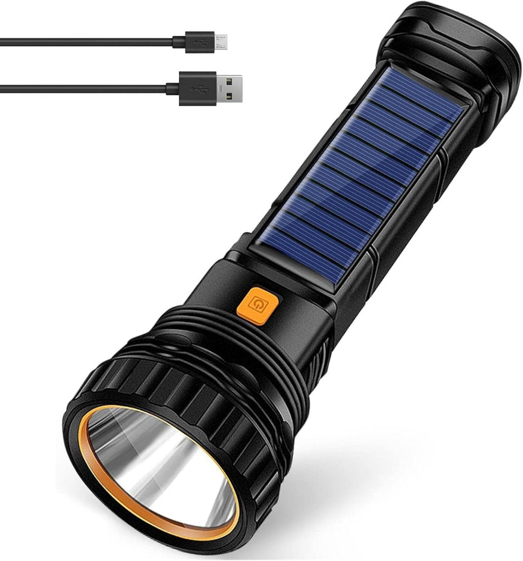 Torcia LED a Energia Solare con Ricarica USB, Impermeabile e Multifunzionale per Emergenze, Campeggio, Pesca, e Sopravvivenza