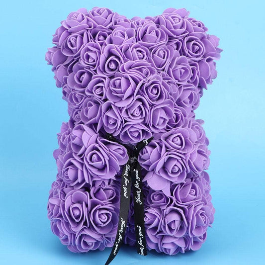 Orsetto con Rose Artificiali Fatto a Mano 25 cm (Viola)