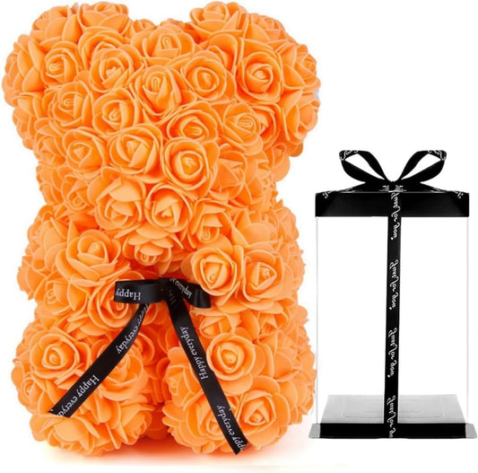 Orsetto con Rose Artificiali Fatto a Mano 25 cm (Arancio)