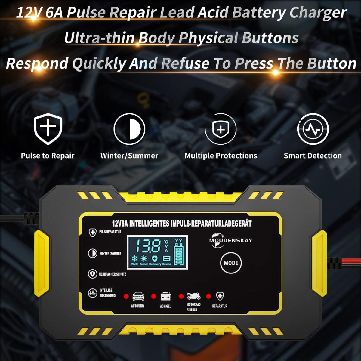 Caricabatterie Auto 12V 6A con Display LCD e Funzione di Riparazione a Impulsi
