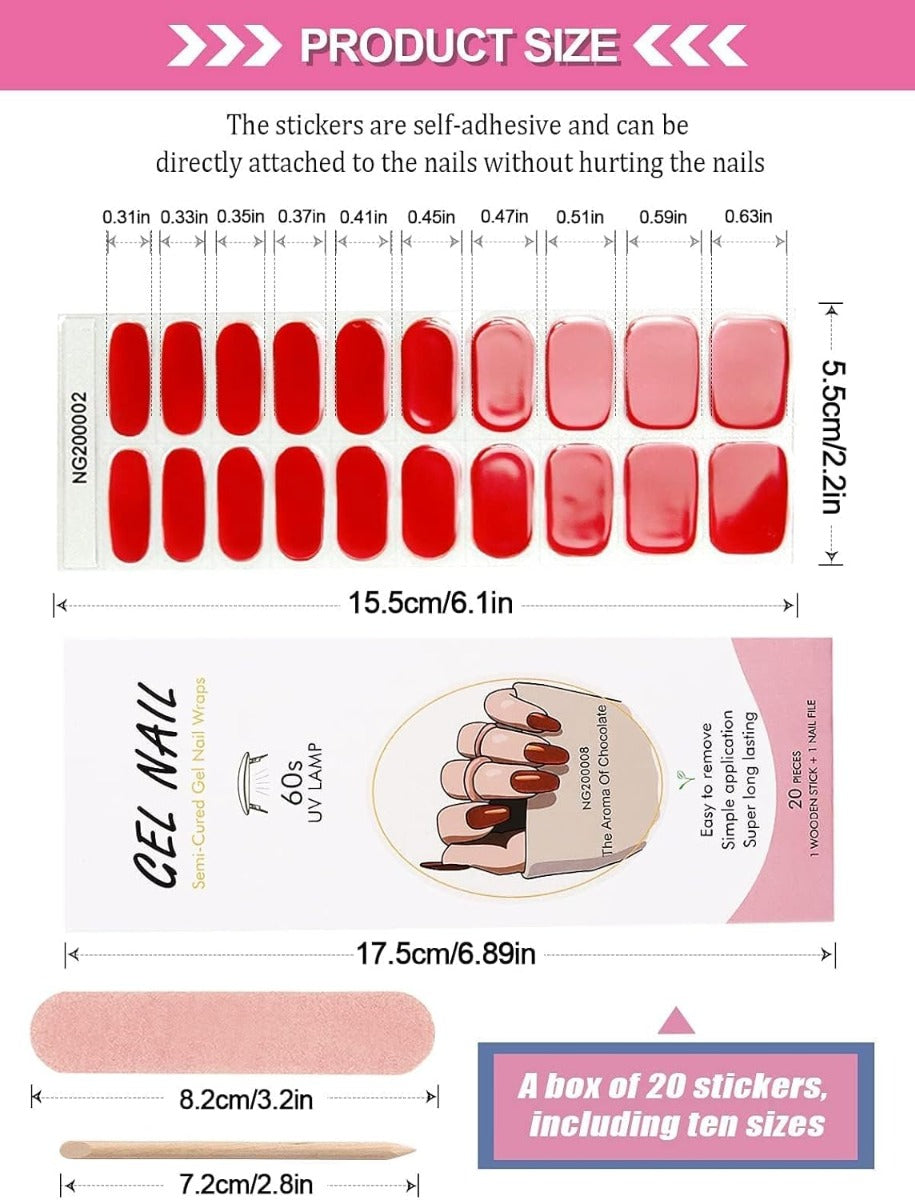 Kit Strisce Adesive per Unghie in Gel - 20 Pezzi con Lima e Bastoncino per Manicure Perfetta rosso