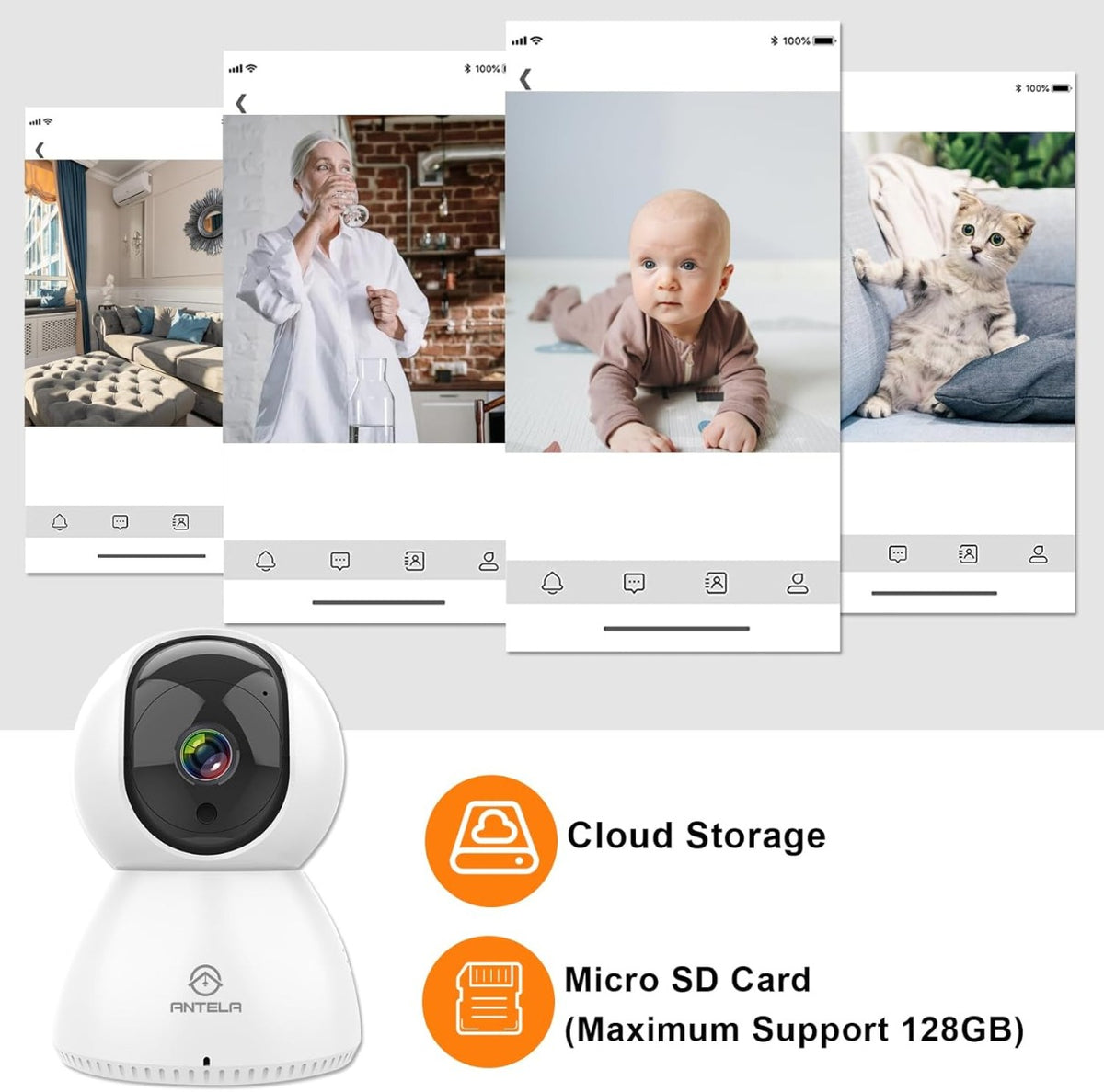 ANTELA Telecamera Wi-Fi da Interno 1080P FHD, PTZ 355°/90°, Audio Bidirezionale, Visione Notturna IR, Rilevamento Movimento, Compatibile con Alexa e Google Home, Dual Wi-Fi 2.4/5GHz
