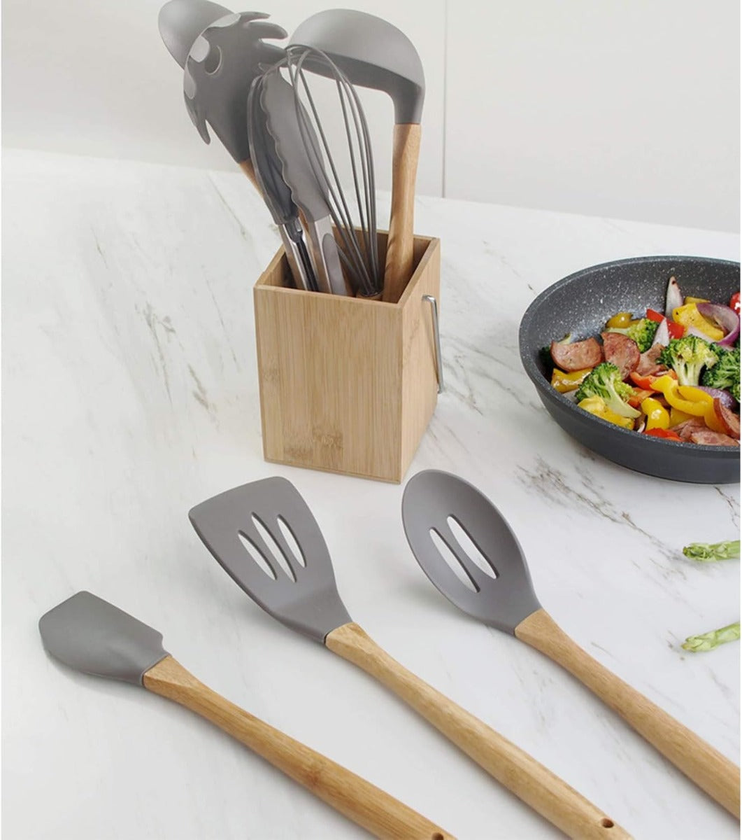 Set di 12 Utensili da Cucina in Silicone – Resistenti al Calore, Antiaderenti e Lavabili in Lavastoviglie (grigio)