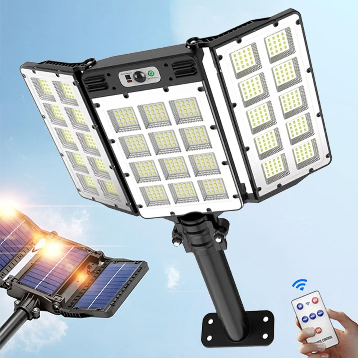 Luci Solari da Esterno con Sensore di Movimento 800 LED 5000LM 6000mAh con Telecomando, 3 Modalità, 3 Livelli di Luminosità, IP65 Impermeabili