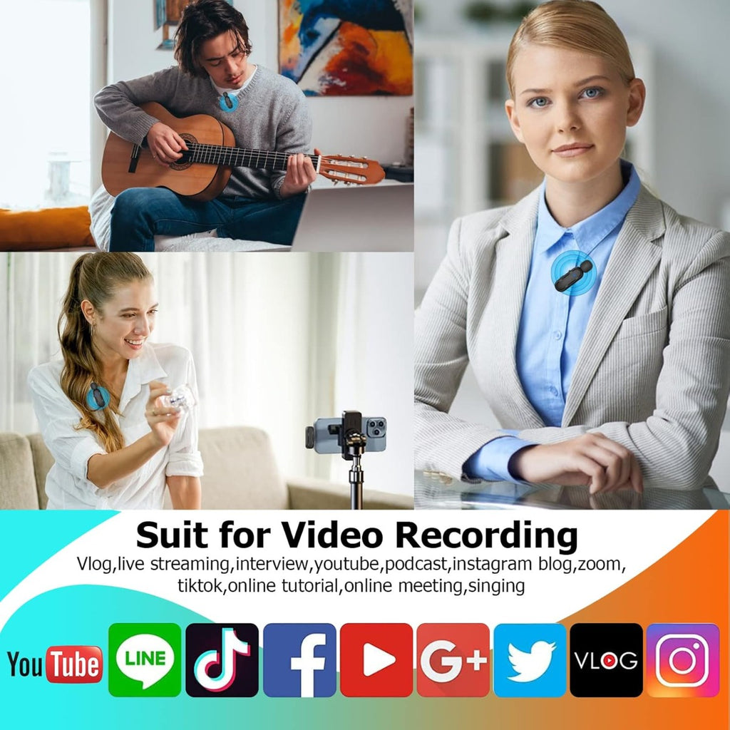 Microfono Lavalier Wireless con Custodia, 2 Mic + Ricevitore Lightning per iPhone/iPad, Riduzione Rumore, 8h Autonomia, 20m Portata