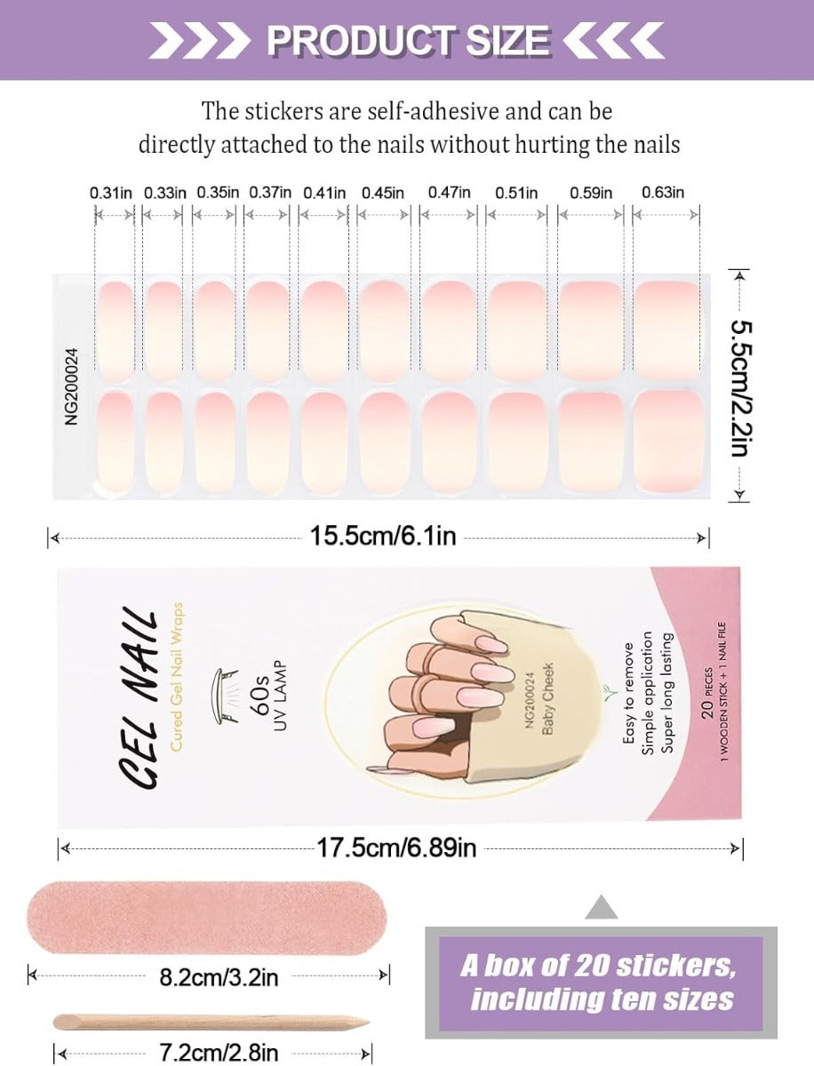 Kit Adesivi per Unghie in Gel Semipolimerizzato - 20 Strisce Autoadesive con Accessori per Manicure gradiente rosa