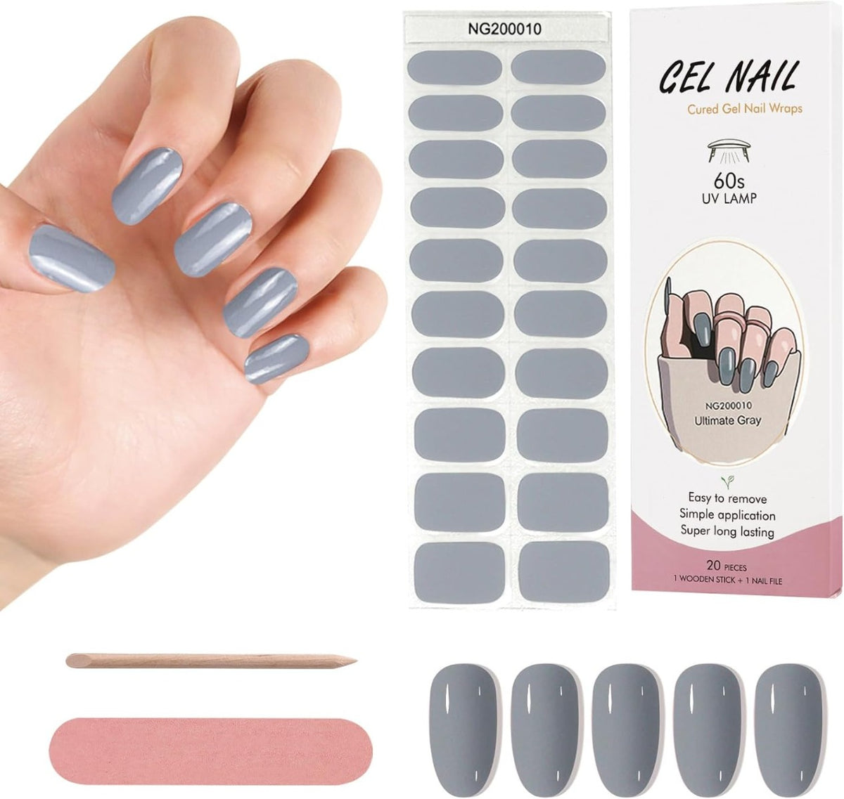 Kit Adesivi per Unghie in Gel Semipolimerizzato - 20 Strisce Autoadesive con Accessori per Manicure grigio