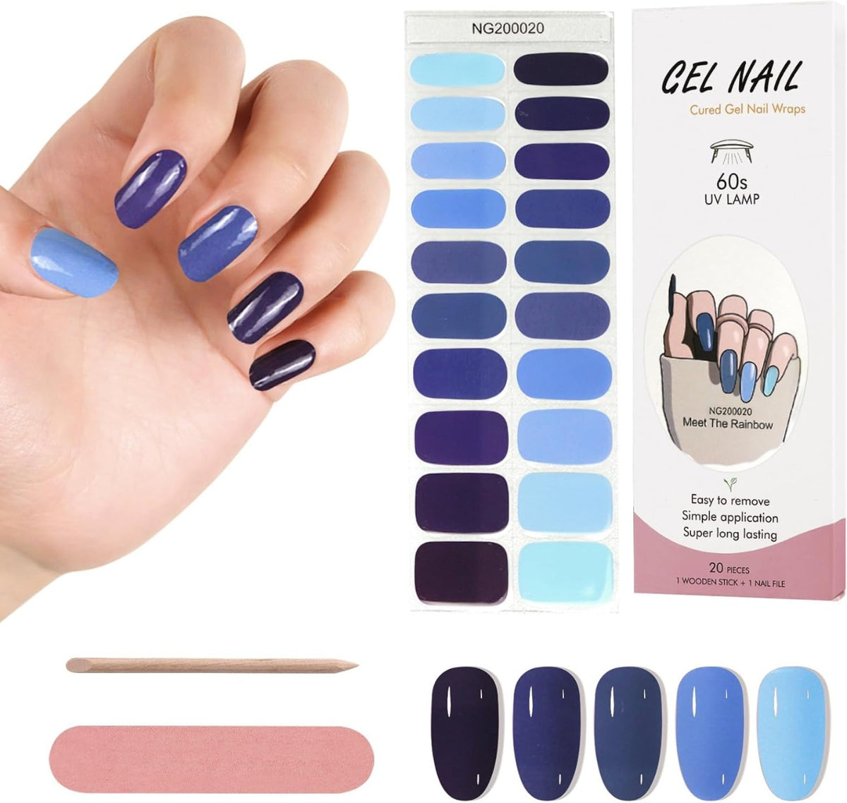 Kit Adesivi per Unghie in Gel Semipolimerizzato - 20 Strisce Autoadesive con Accessori per Manicure blu multicolore