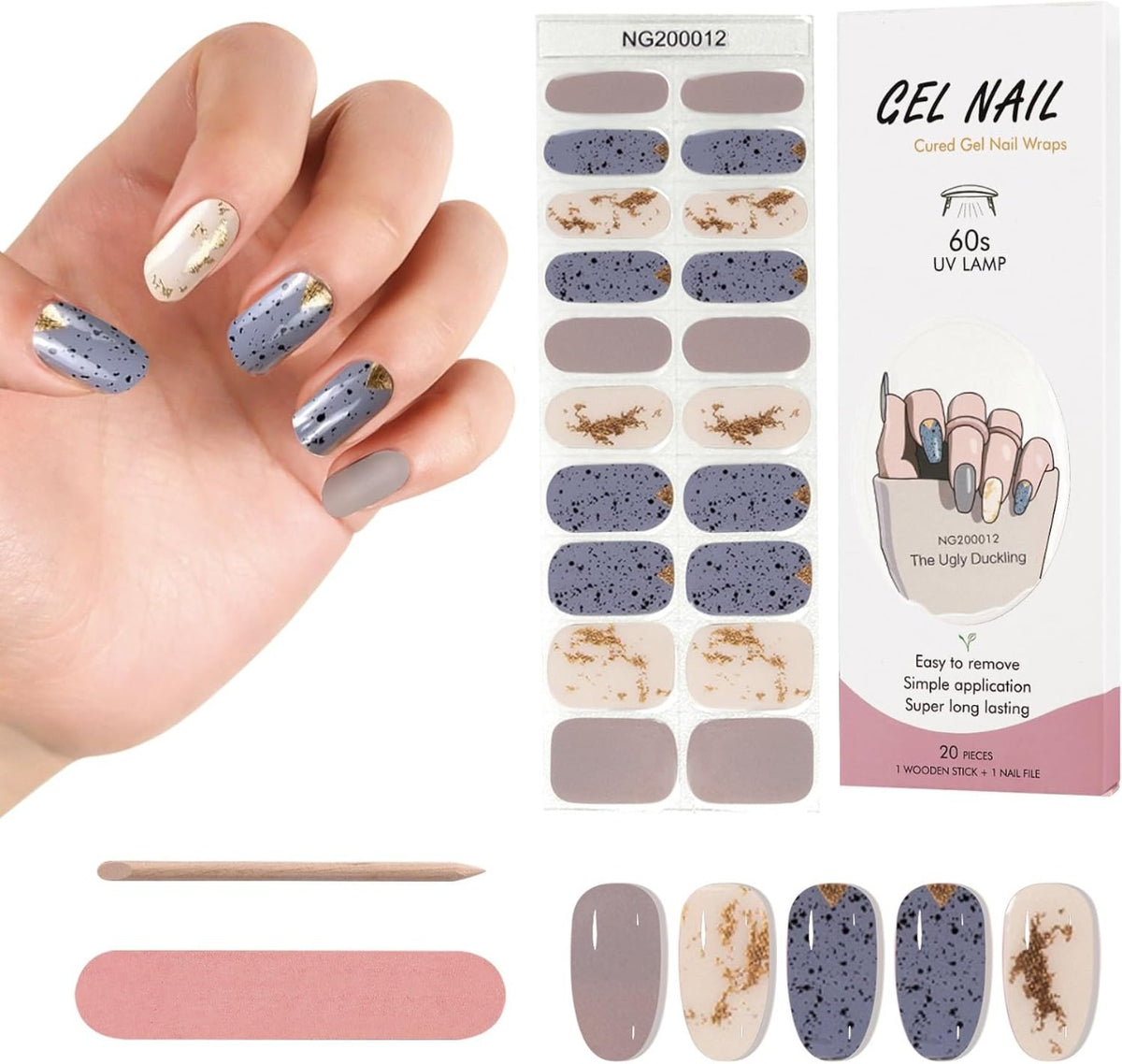 20 Strisce di Adesivi per Smalto in Gel Semipolimerizzato - Autoadesivi per Nail Art con Lima per Unghie e Bastoncino di Legno