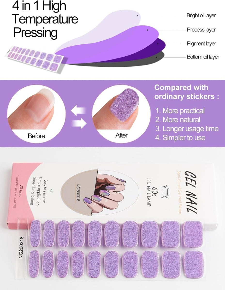 Kit Adesivi per Unghie in Gel Semipolimerizzato - 20 Strisce Autoadesive con Accessori per Manicure Glitter lilla-viola