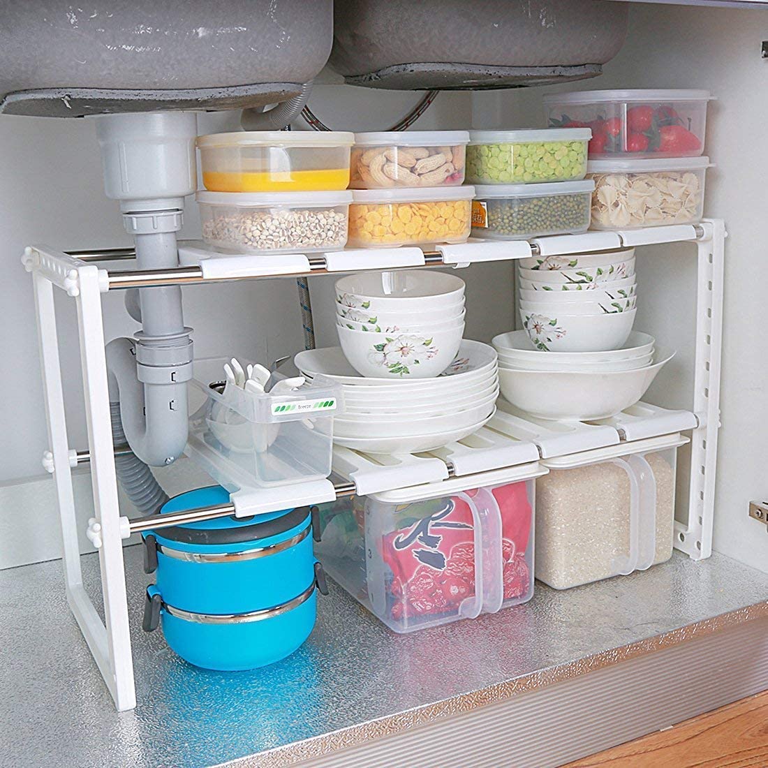 Cestello per lavandino a mensole per la parte inferiore del lavandino regolabile estensibile multiuso per cucina o bagno