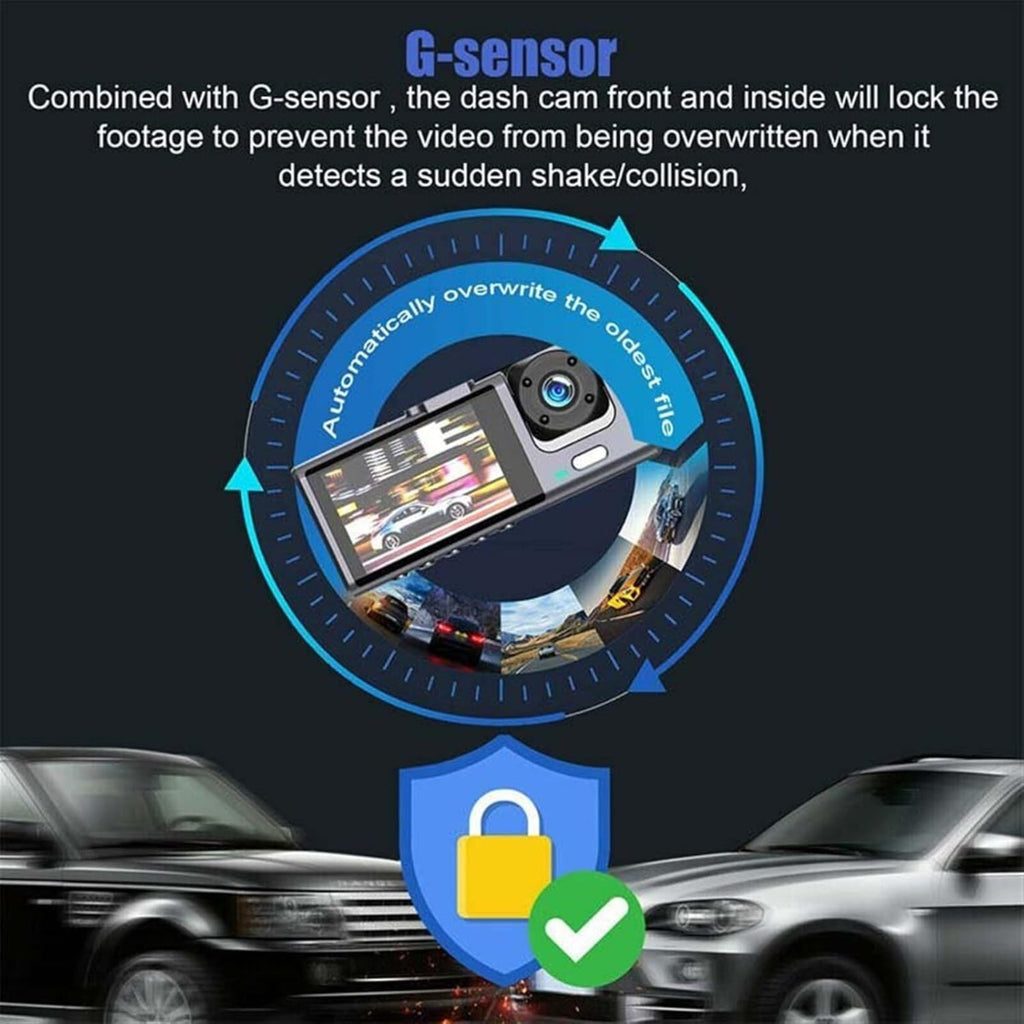 Dash Cam con Registrazione in Loop, Visione Notturna IR e Fotocamera 1080P a 3 Obiettivi con Schermo IPS da 2