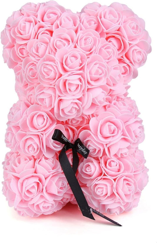 Orsetto con Rose Artificiali Fatto a Mano 25 cm (Rosa Chiaro)