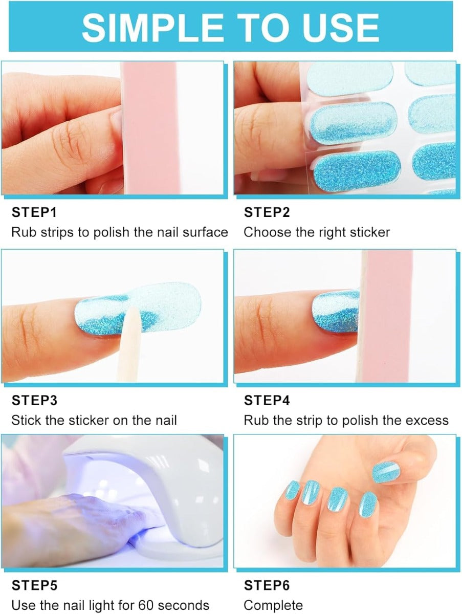 Kit Adesivi per Unghie in Gel Semipolimerizzato - 20 Strisce Autoadesive con Accessori per Manicure azzurro glitterato