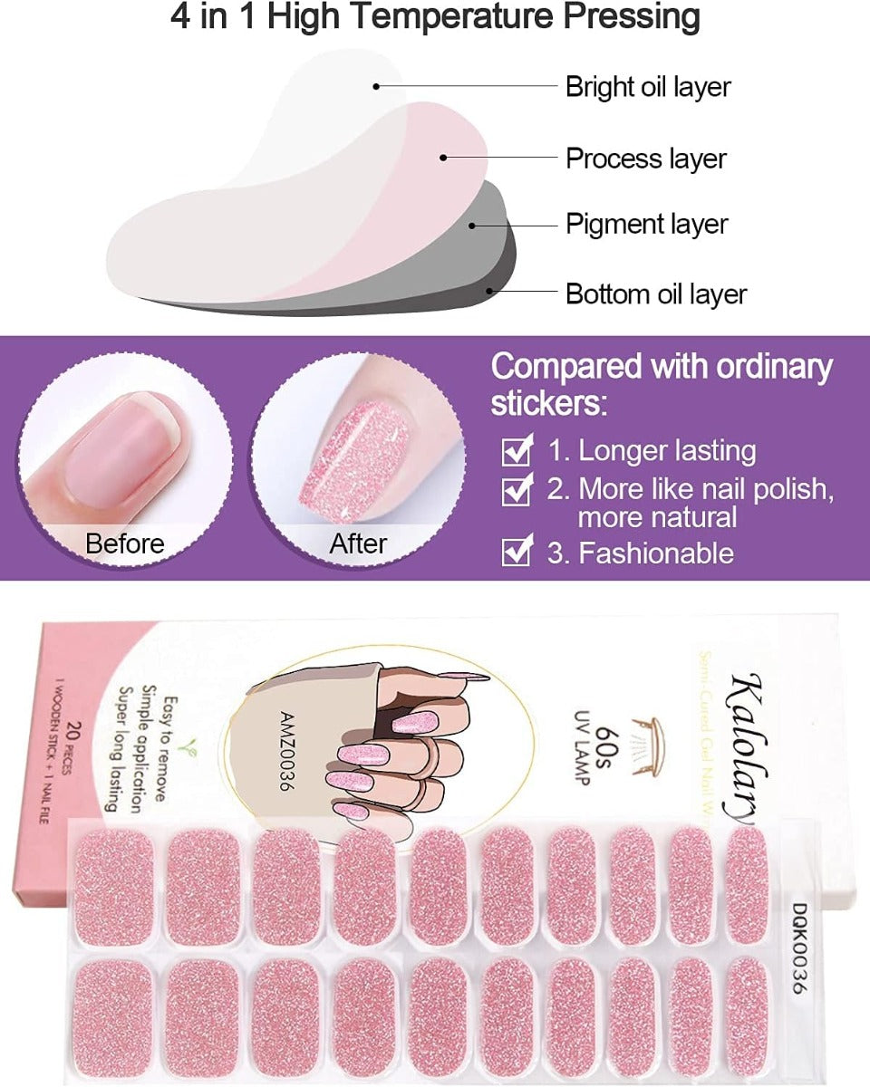 Kit Adesivi per Unghie in Gel Semipolimerizzato - 20 Strisce Autoadesive con Accessori per Manicure Glitter rosa