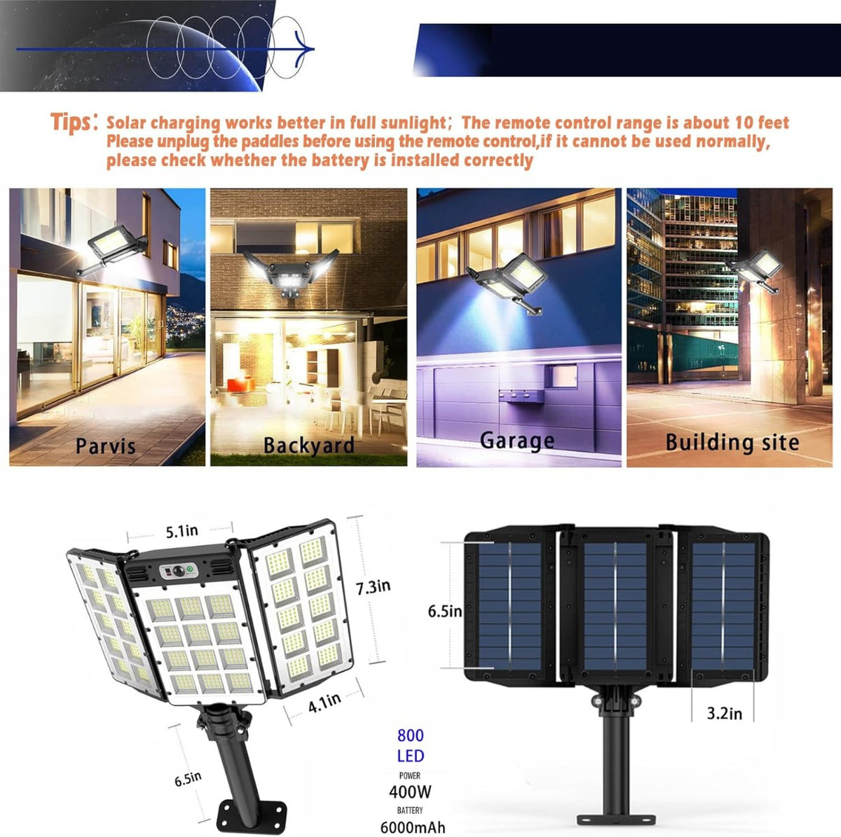 Luci Solari da Esterno con Sensore di Movimento 800 LED 5000LM 6000mAh con Telecomando, 3 Modalità, 3 Livelli di Luminosità, IP65 Impermeabili