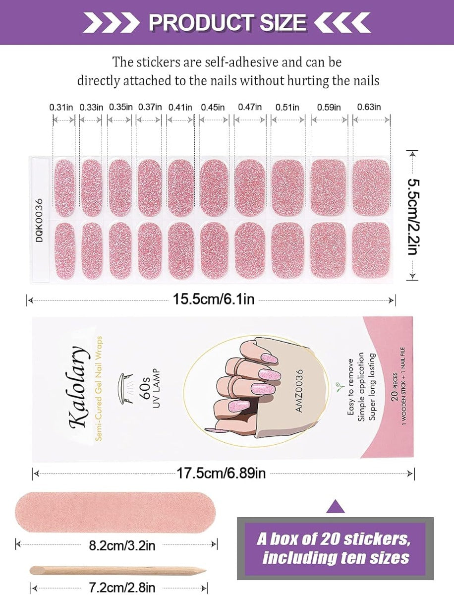 Kit Adesivi per Unghie in Gel Semipolimerizzato - 20 Strisce Autoadesive con Accessori per Manicure Glitter rosa