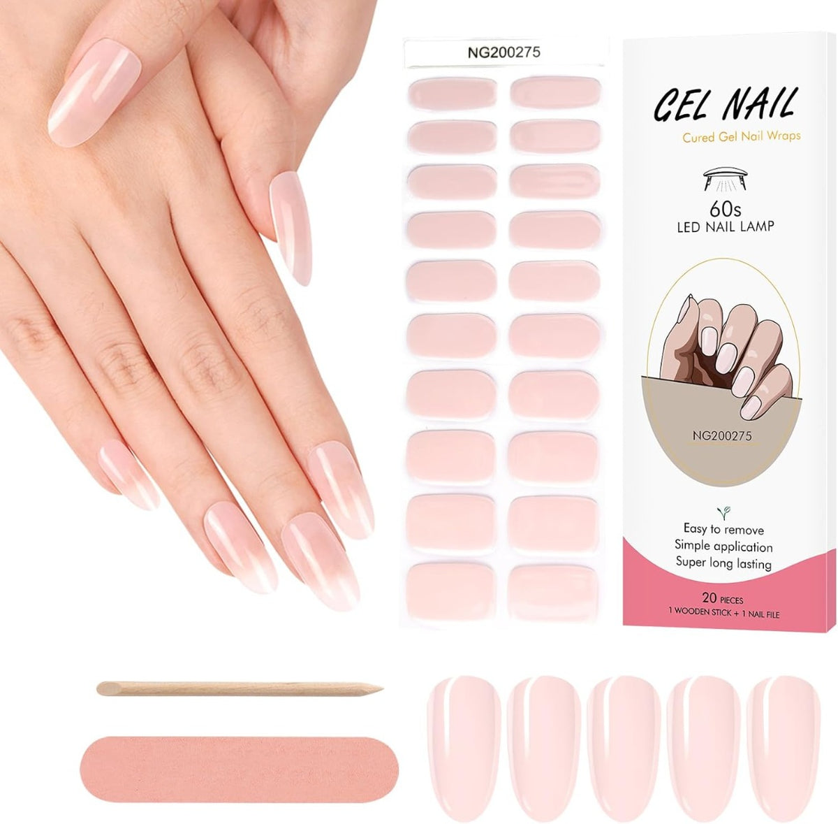 Kit Adesivi per Unghie in Gel Semipolimerizzato - 20 Strisce Autoadesive con Accessori per Manicure rosa delicato