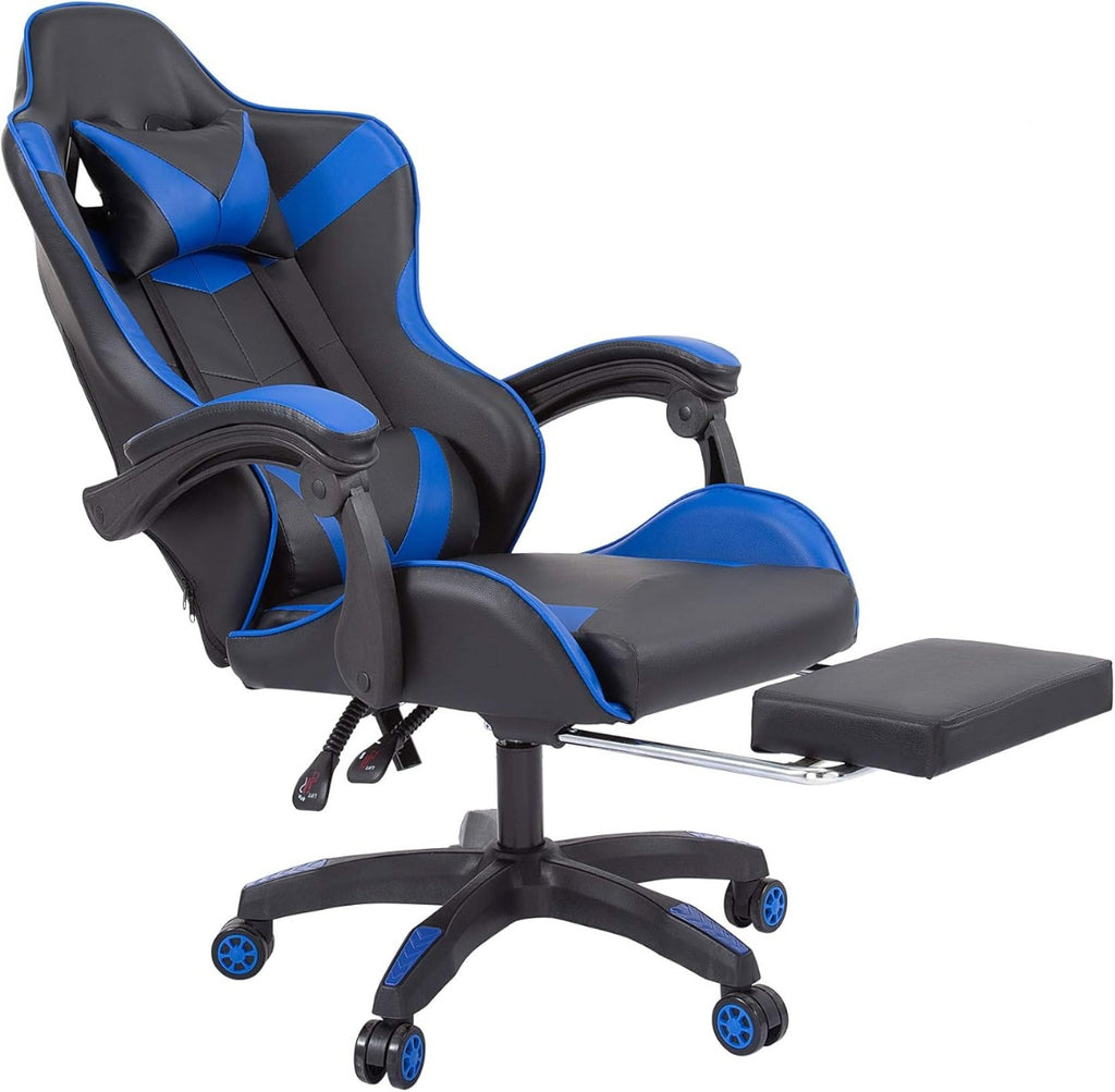 Sedia Poltrona da Gaming Regolabile con Poggiapiedi, Poggiatesta e Cuscino Lombare (nero -blu)