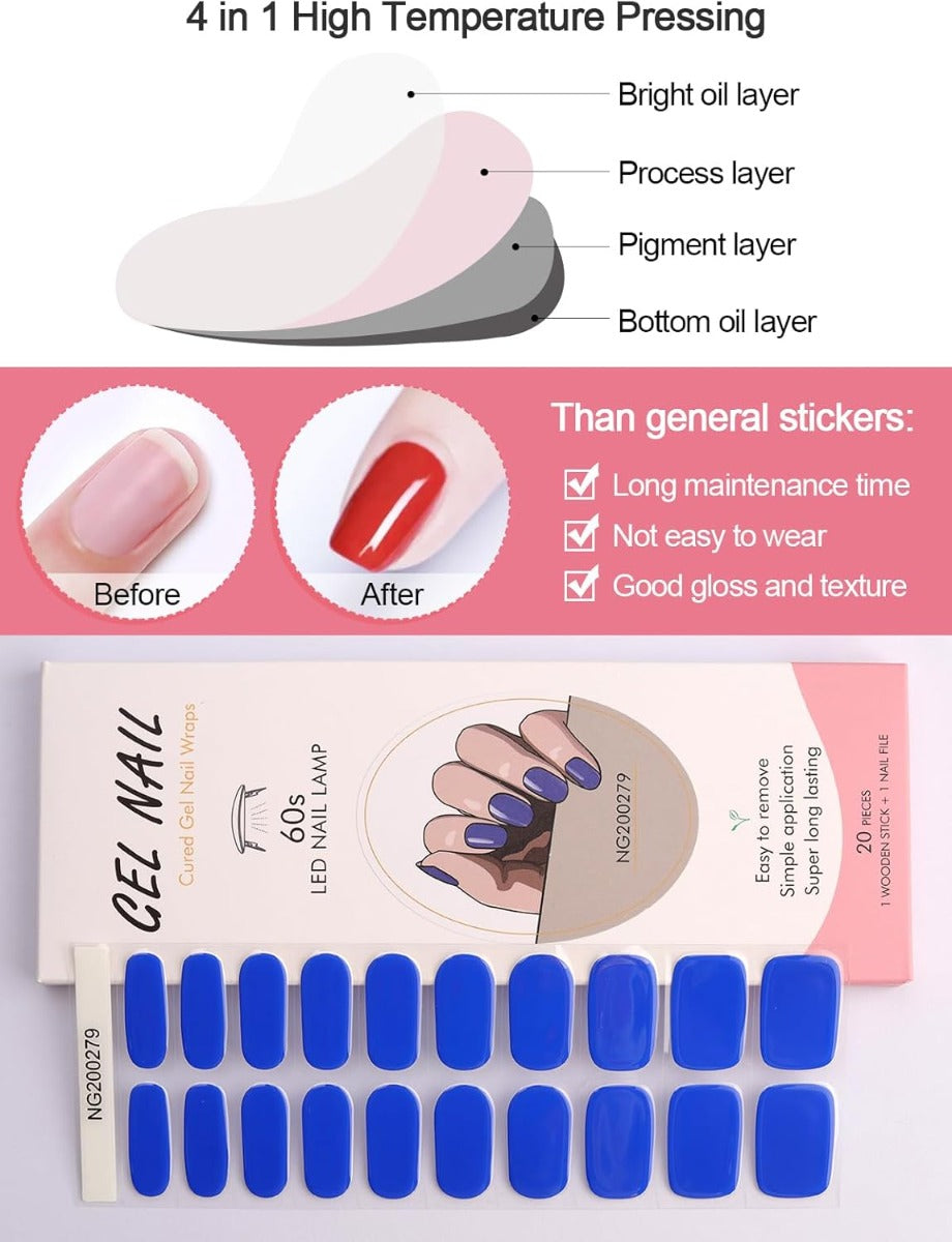 Kit Adesivi per Unghie in Gel Semipolimerizzato - 20 Strisce Autoadesive con Accessori per Manicure blu elettrico