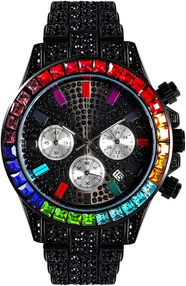 Orologio da Uomo al Quarzo Cronografo Hip Hop | Design Accattivante con Quadrante Rotondo e Diamanti Simulati (nero)