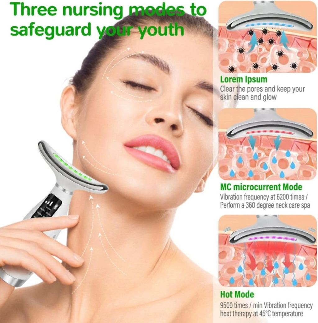 Massaggiatore Facciale e Collo 7-in-1 con LED e Vibrazione – Dispositivo di Bellezza Rassodante, EMS, Fototerapia, Ricaricabile USB, Display Digitale – Anti-Rughe e Lifting Viso/Mento