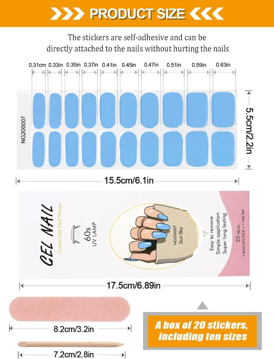 Kit Adesivi per Unghie in Gel Semipolimerizzato - 20 Strisce Autoadesive con Accessori per Manicure cielo blu