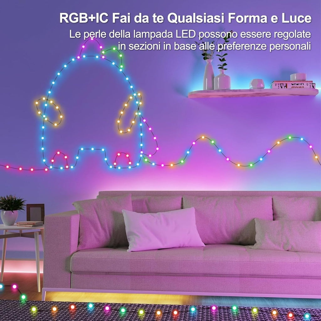 Luci LED Decorative RGB+IC da 7,5 m per Interni ed Esterni – 50 LED Impermeabili in PVC, Controllo via App, Telecomando e USB, Sincronizzazione Musicale, Effetti Personalizzati, Dimmerabili