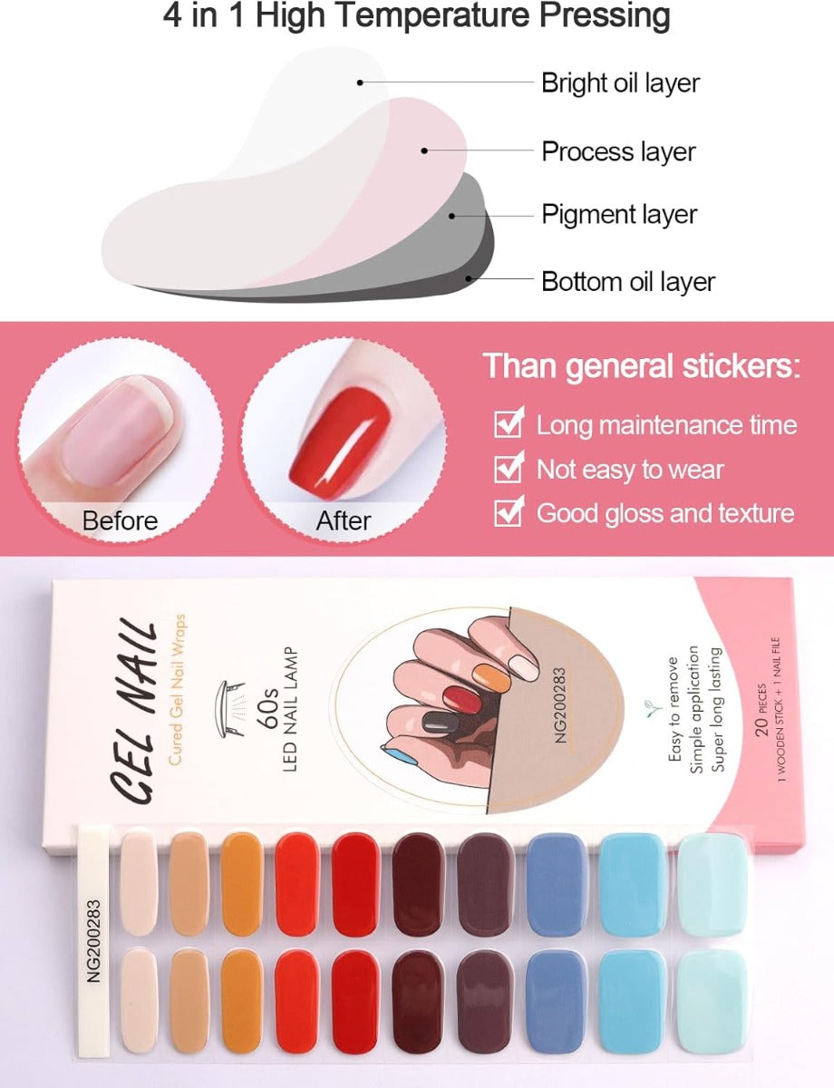 Kit Adesivi per Unghie in Gel Semipolimerizzato - 20 Strisce Autoadesive con Accessori per Manicure colorate