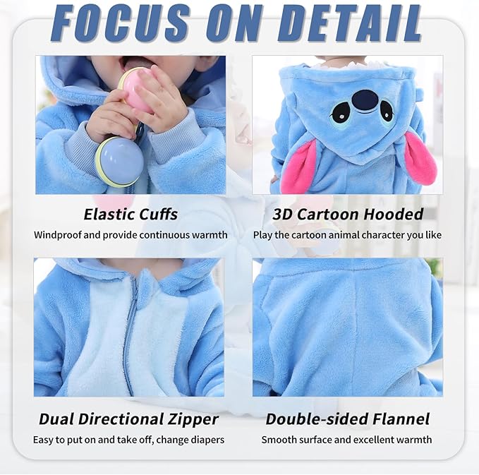 Costume da Animale per Bimbi 80 cm - Baby Stitch in Flanella Morbida, Calda e Confortevole