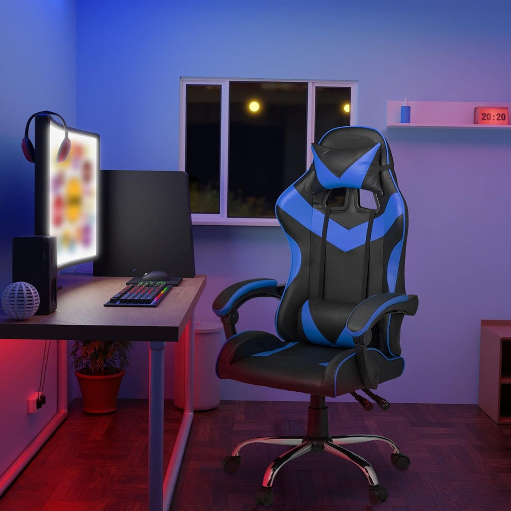 Sedia Poltrona da Gaming Regolabile con Poggiapiedi, Poggiatesta e Cuscino Lombare (nero -blu)