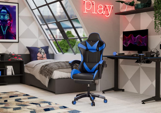 Sedia Poltrona da Gaming Regolabile con Poggiapiedi, Poggiatesta e Cuscino Lombare (nero -blu)