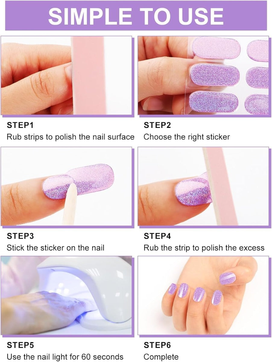 Kit Adesivi per Unghie in Gel Semipolimerizzato - 20 Strisce Autoadesive con Accessori per Manicure Glitter lilla-viola