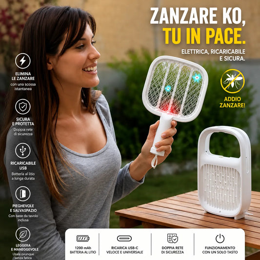 Lampada antizanzare e Racchetta Elettrica per Insetti Ricaricabile 2 in 1