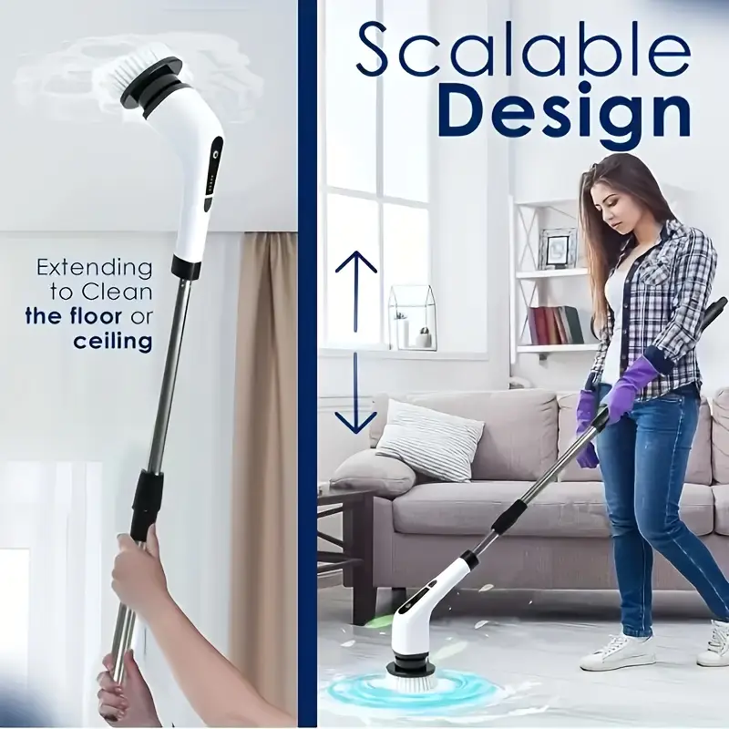 Spazzola Elettrica Senza Fili 9 in 1 – Pulitore Rotante Ricaricabile per Bagno, Cucina, Piastrelle, Vasca e Fughe – Spazzola Multifunzione con Testine Intercambiabili