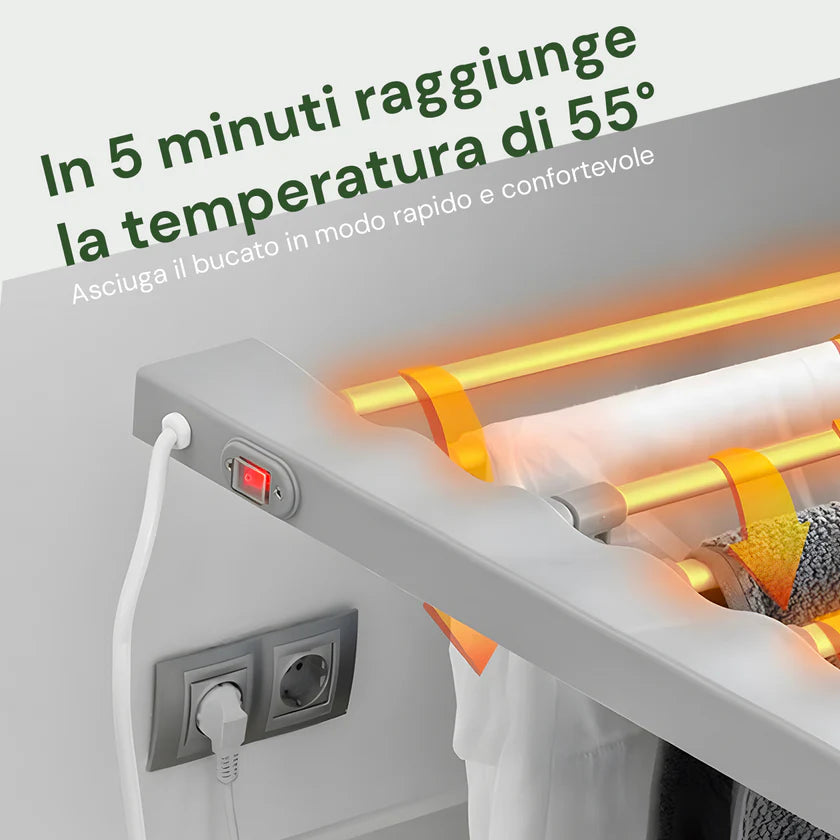 Magic Dry Stendino Elettrico Richiudibile 8 Barre Riscaldate 100W - Design Compatto e Salvaspazio