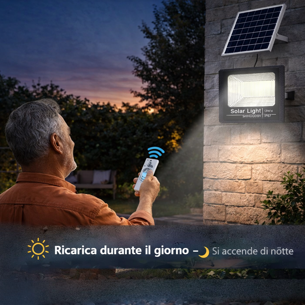 Faro LED Solare 800W IP67 con Batteria 12000mAh e Telecomando Wireless