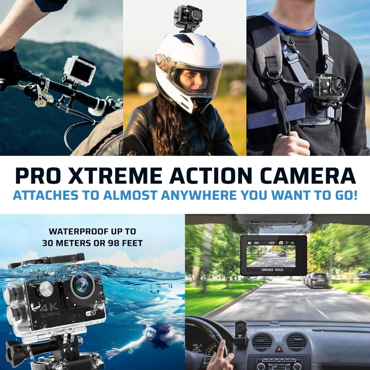 Action Camera 4K Ultra HD 16MP Impermeabile fino a 30m con Wi-Fi, Grandangolo 170°, Display LCD 2"