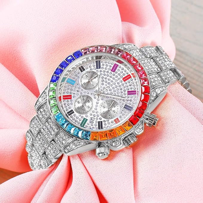 Orologio da Uomo al Quarzo Cronografo Hip Hop | Design Accattivante con Quadrante Rotondo e Diamanti Simulati (argento)