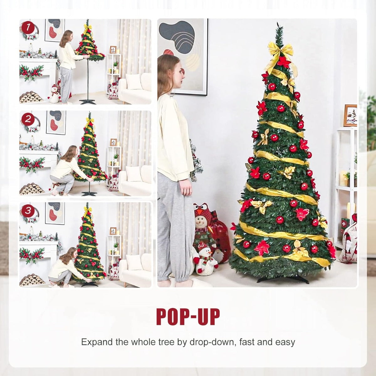 Albero di Natale Pop-Up Preilluminato 150 cm con Luci LED Bianche Calde e Decorazioni Rosso Oro