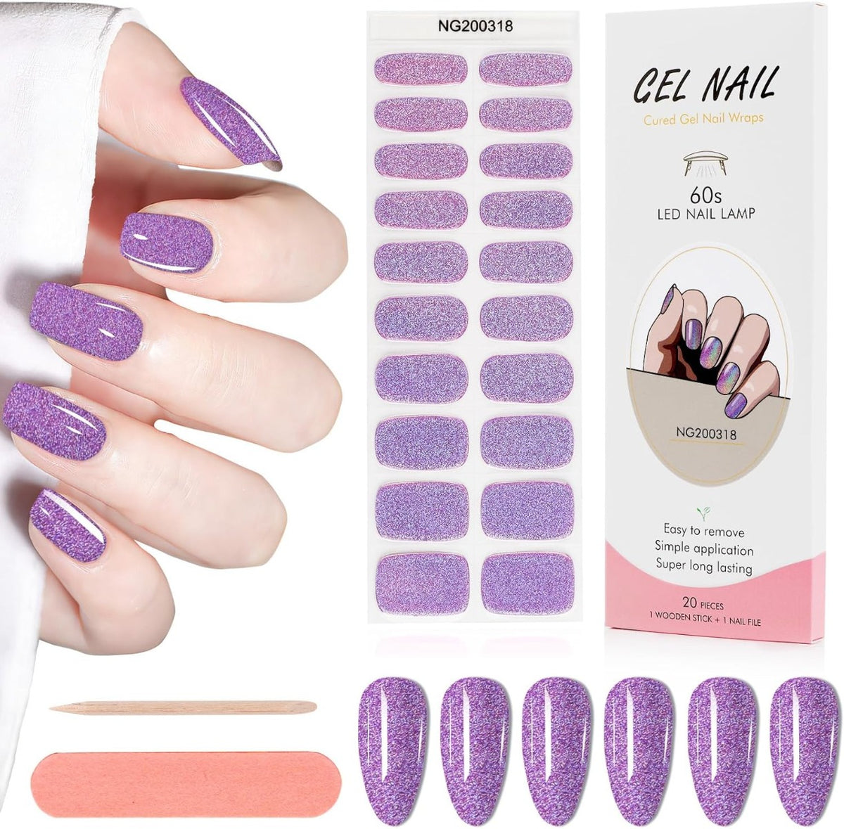 Kit Adesivi per Unghie in Gel Semipolimerizzato - 20 Strisce Autoadesive con Accessori per Manicure Glitter lilla-viola
