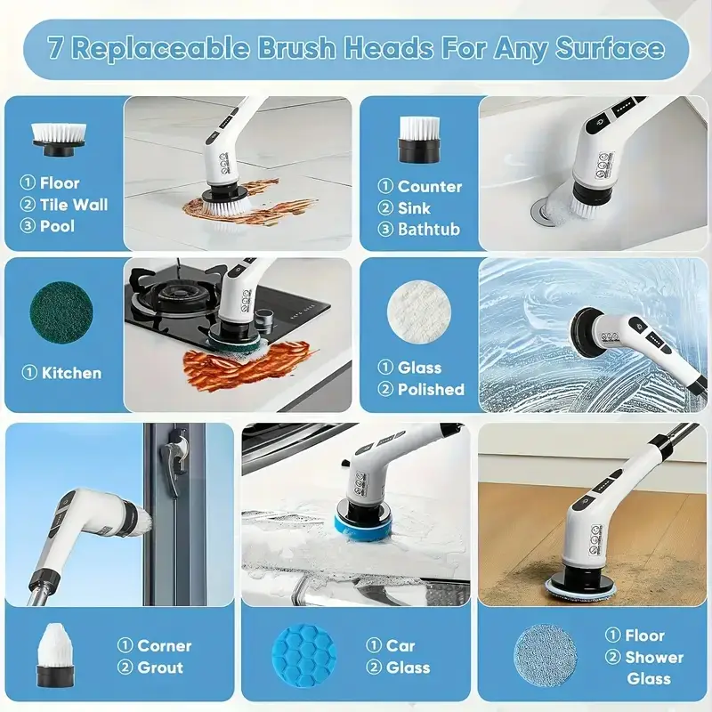 Spazzola Elettrica Senza Fili 9 in 1 – Pulitore Rotante Ricaricabile per Bagno, Cucina, Piastrelle, Vasca e Fughe – Spazzola Multifunzione con Testine Intercambiabili