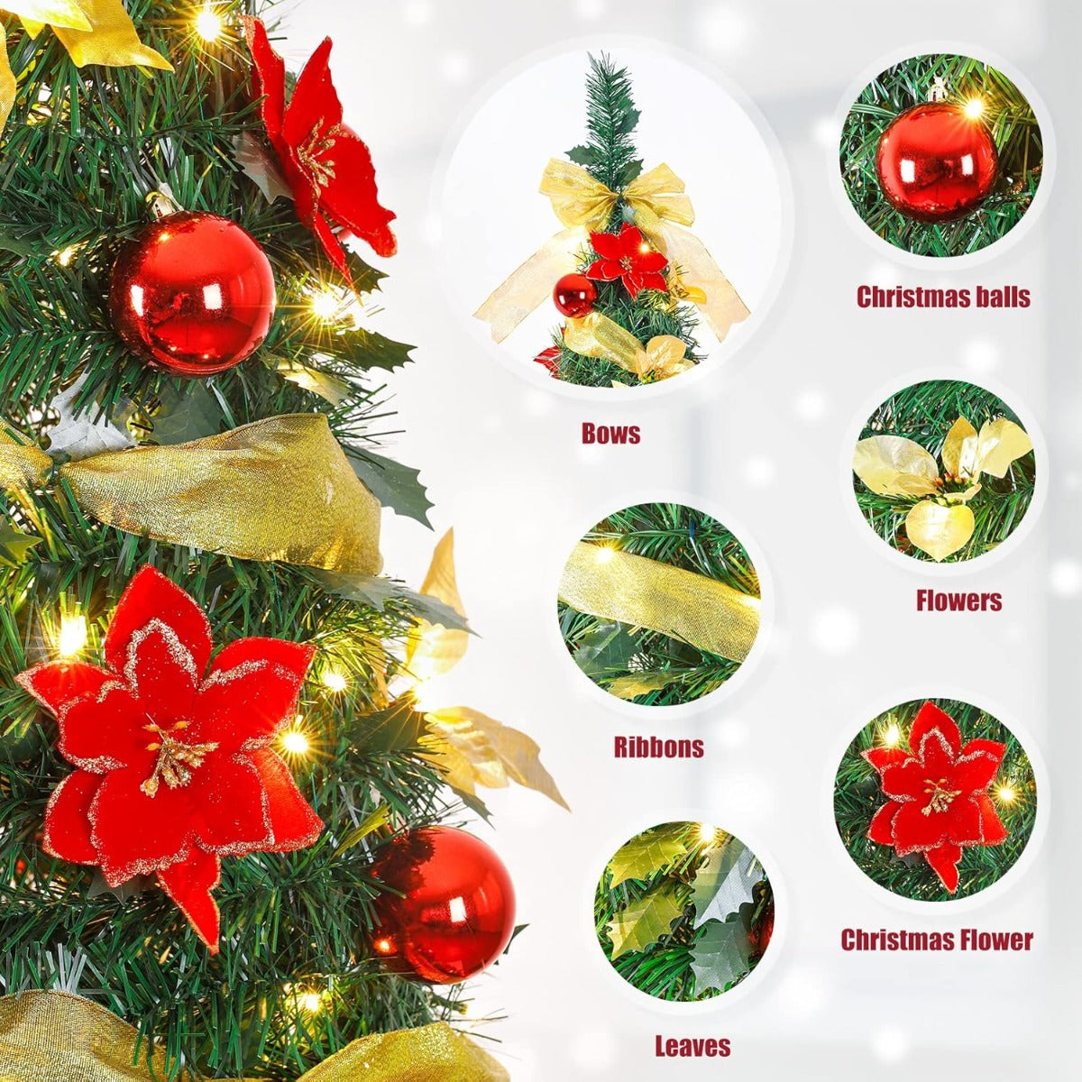 Albero di Natale Pop-Up Preilluminato 180 cm con Luci LED Bianche Calde e Decorazioni Rosso Oro